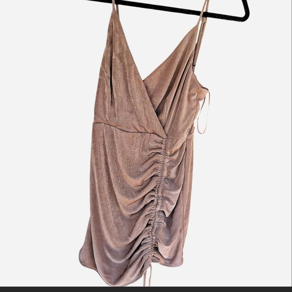 Fashion Nova Tan Ruched Mini Dress